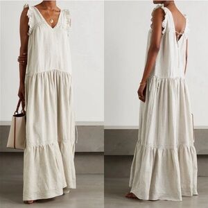 Joslin Studio Gracie Beige Linen Maxi Dress V-neck Tiered Womens 8 US Lace trim